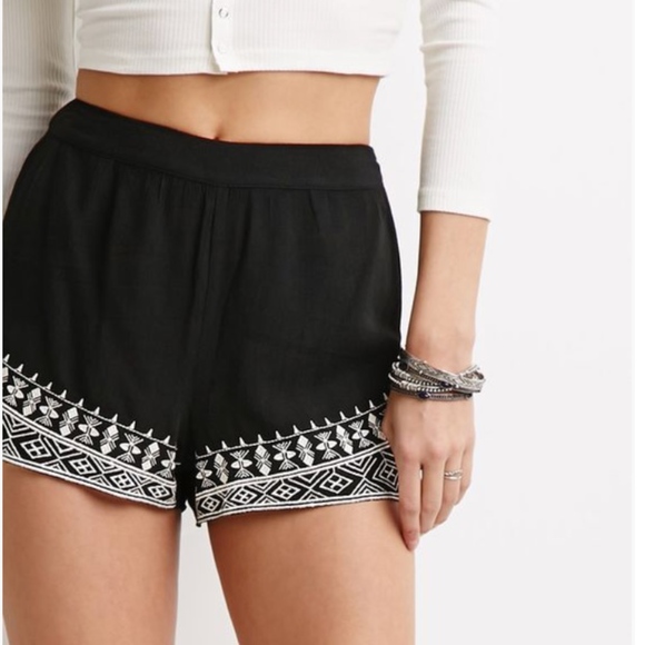 Other - Boho Tribal Embroidered Drawstring Shorts - Black